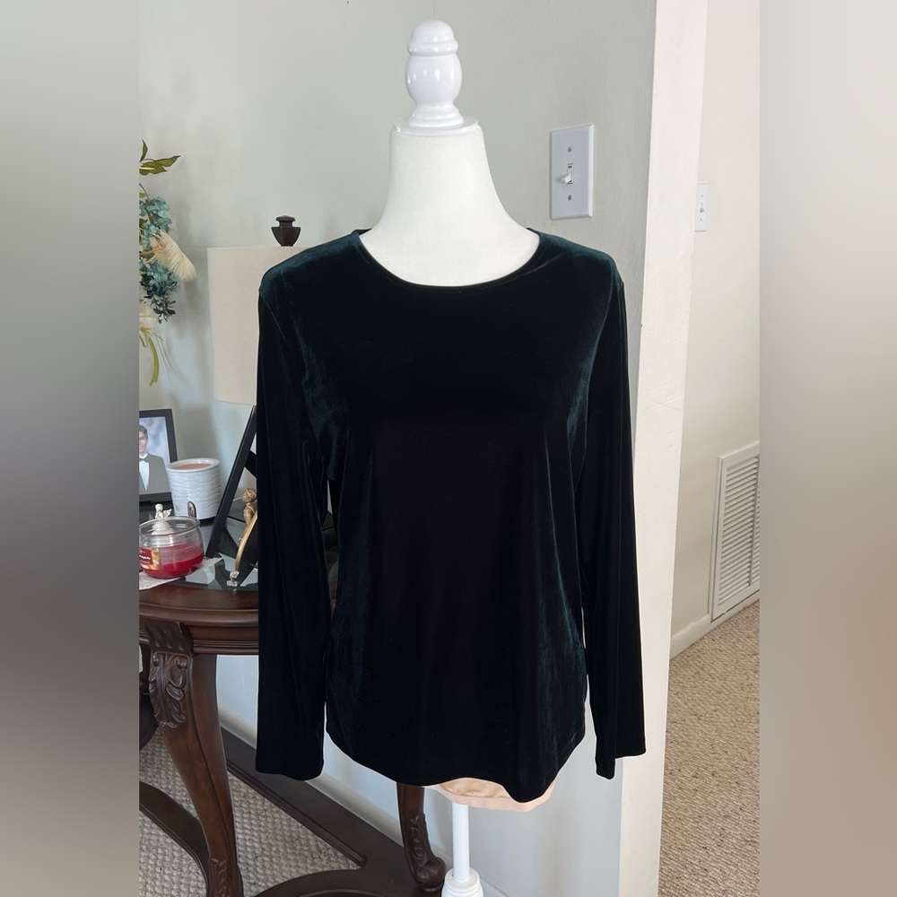 Kasper & Company ASL Dark Green Velvet Long Sleeve Top Size Large Stretch